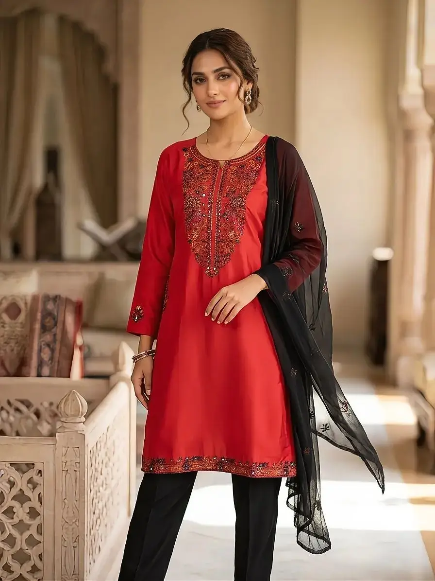 2 Pcs Women's Stitched Linen Embroidered Shirt And Trouser