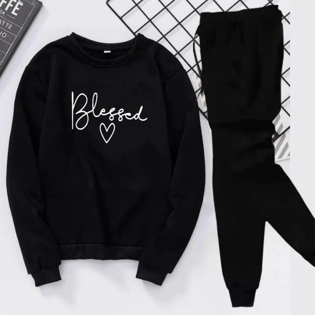 2 Pcs Women's Stitched Fleece Printed Sweatshirt Tracksuit
